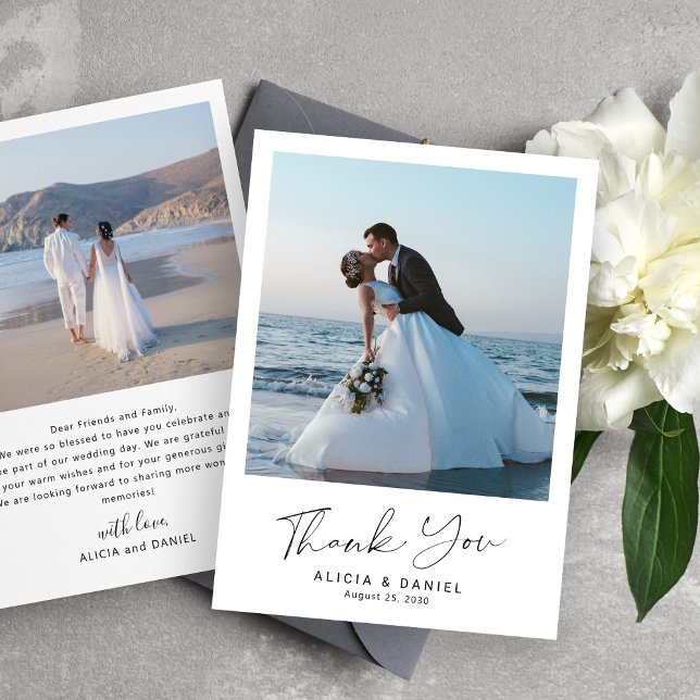 Modern simple script 2 photo wedding thank you card (Creator Uploaded)