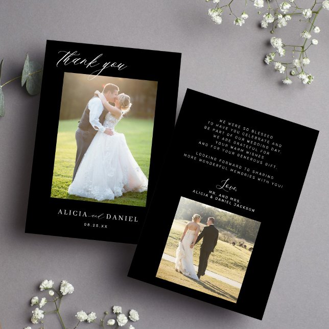  Modern simple script 2 photos black wedding Thank You Card (Creator Uploaded)