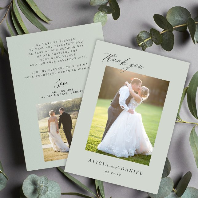  Modern simple script 2 photos sage green wedding  Thank You Card (Creator Uploaded)