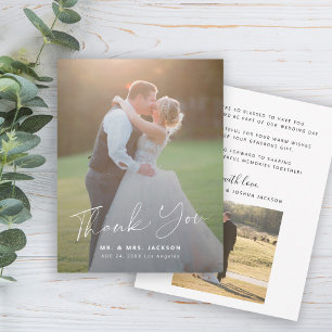 Modern simple script 2 photos wedding thank you card