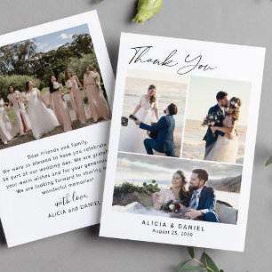 Modern simple script 4 photo collage wedding thank you card