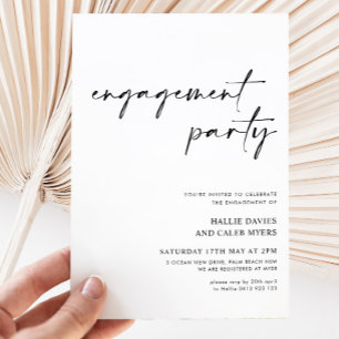 Modern Simple Script Black White Engagement Party  Invitation