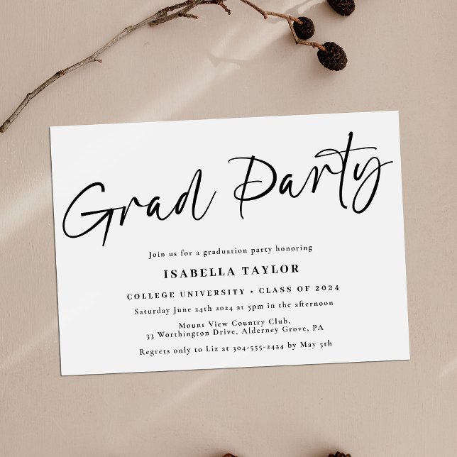 Modern Simple Script Black White Graduation Party Invitation (Creator Uploaded)