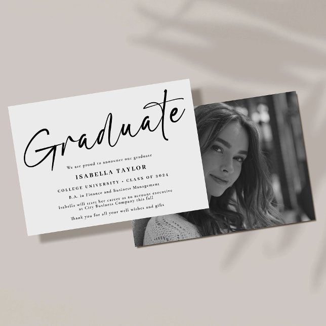 Modern Simple Script Black White Photo Graduation Announcement (Creator Uploaded)