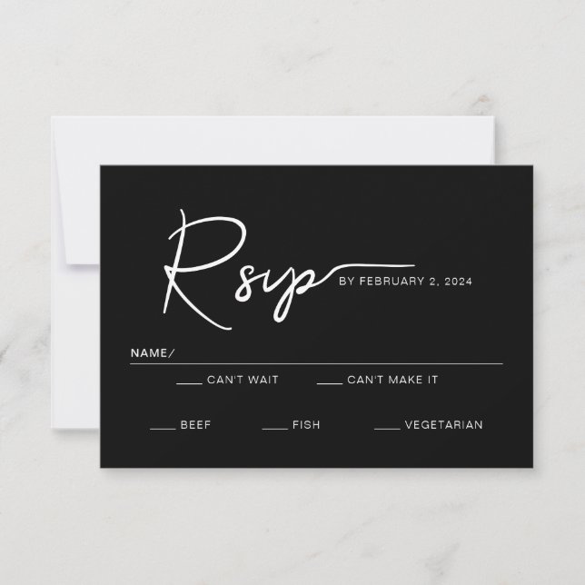 Modern Simple Script Black White Wedding RSVP Card (Front)