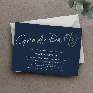 Modern Simple Script Blue Silver Graduation Party