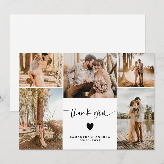Modern simple script heart 5 photos wedding thank you card (Front/Back)