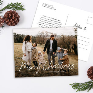 Modern Simple Script Merry Christmas Family Photo Holiday Postcard