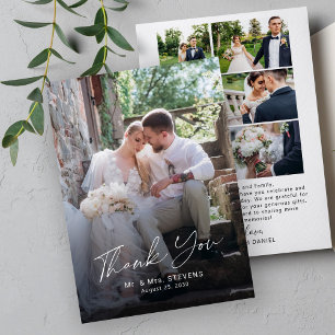 Modern simple script multi photo wedding thank you card