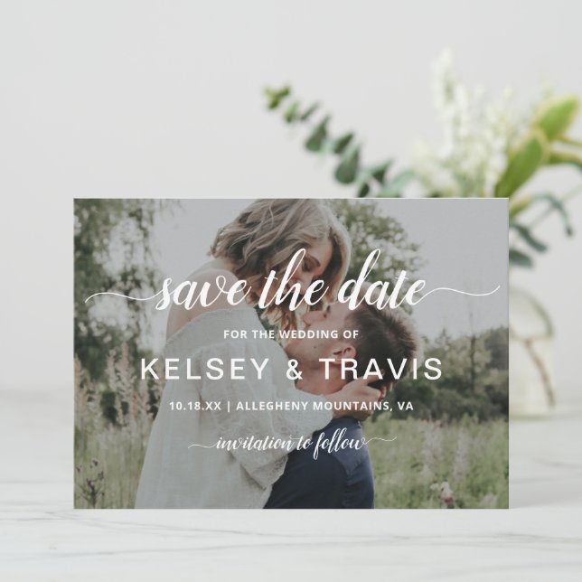 Modern Simple Script Photo Elegant Wedding Save The Date (Standing Front)