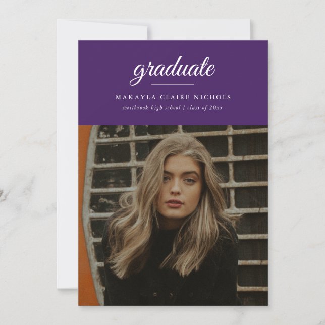 Modern Simple Script Purple Photo Graduation  Invitation (Front)