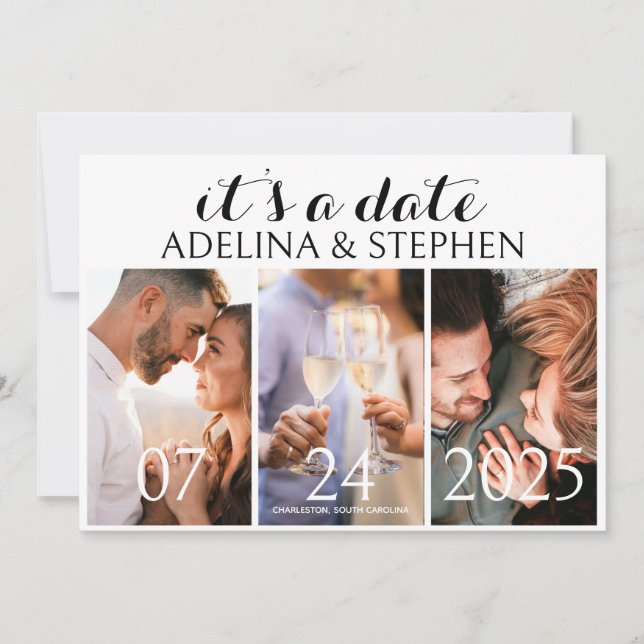 Modern Simple Script Three Photo Gallery QR CODE Save The Date (Front)