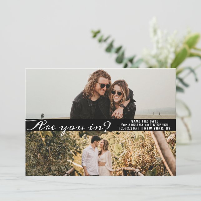 Modern Simple Script Two Photo Gallery QR CODE Save The Date (Standing Front)
