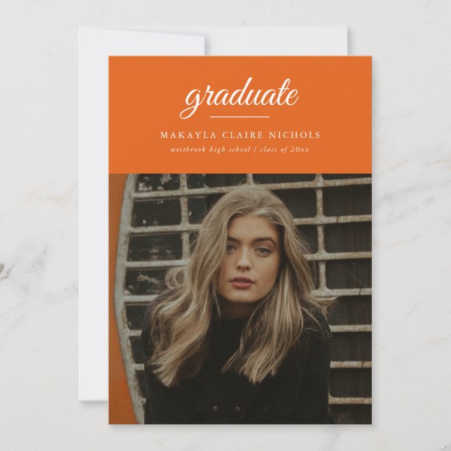 Modern Simple Script Two Photo Orange Graduation Announcement (Front)