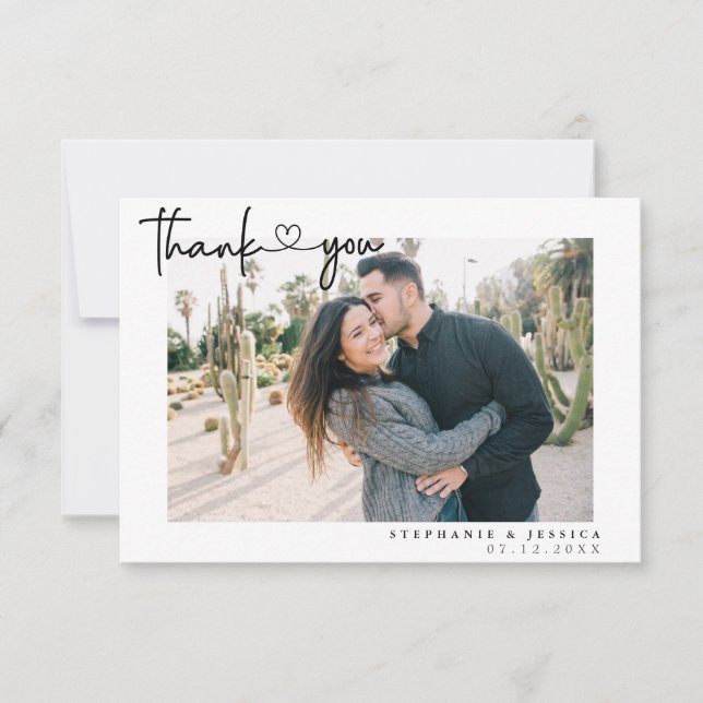 Modern Simple Script With Heart Wedding Photo Thank You Card (Front)