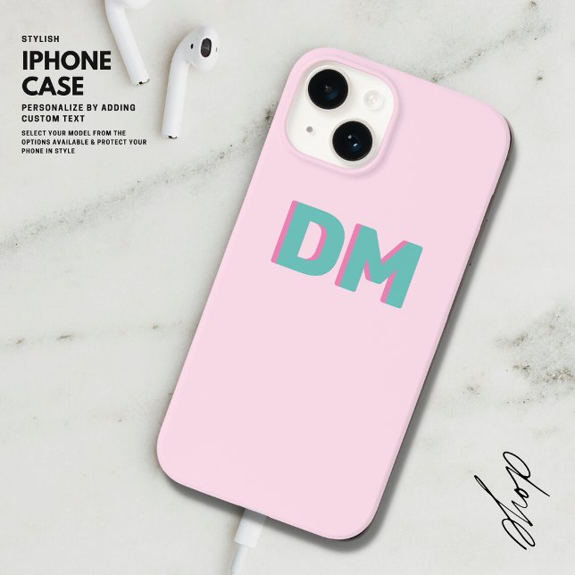Modern Simple Shadow Monogram Initials Pink Green Case-Mate iPhone Case (Creator Uploaded)