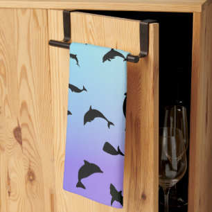 Modern Simple shark whale fish rainbow gradient  Tea Towel