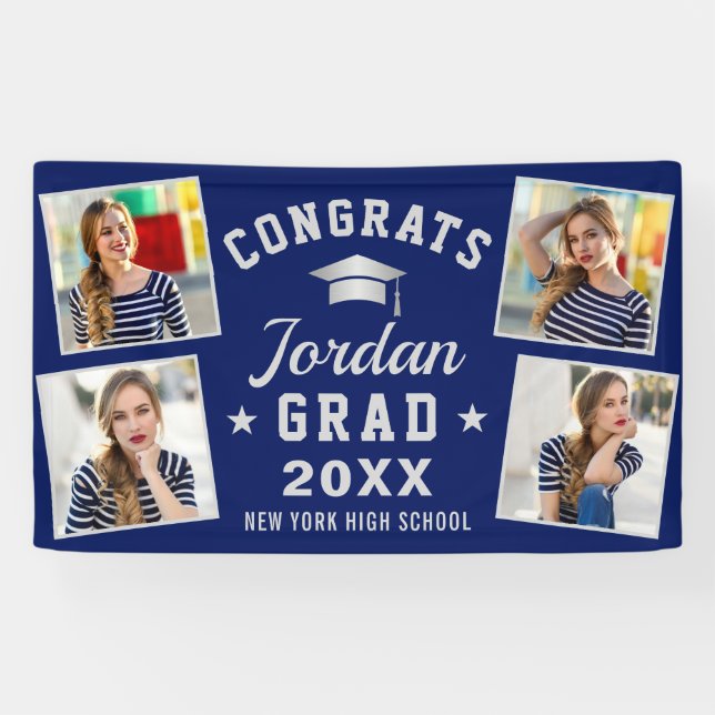 Modern Simple Silver Blue Graduation 4 PHOTO  Bann Banner (Horizontal)
