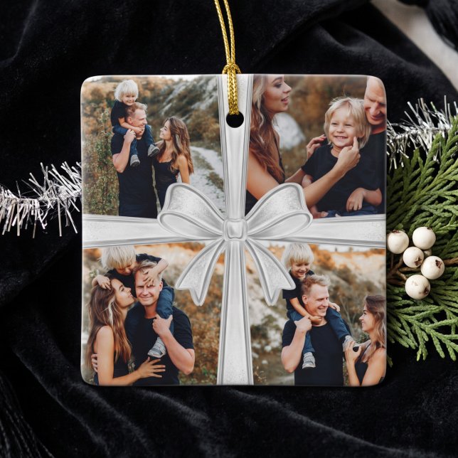 Modern Simple Silver Bow Custom 4 Photo Collage Ceramic Ornament (Modern Simple Silver Bow Custom 4 Photo Collage Ceramic Ornament)