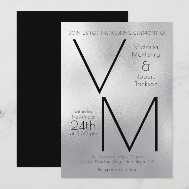 Modern Simple Silver Faux Foil Initials Wedding Invitation (Front/Back)