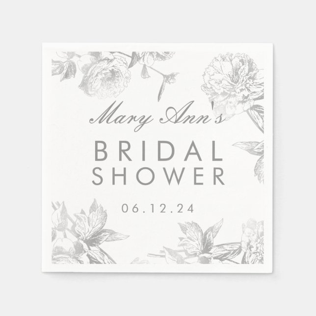Modern Simple Silver Floral Bridal Shower Favour Napkin (Front)
