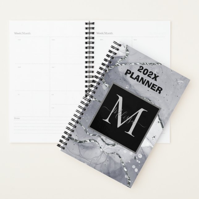 Modern Simple Silver Marbled Monogram Planner (Display)