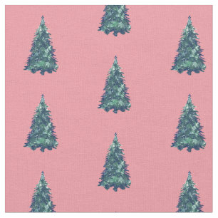 Modern Simple Snowy Green Christmas Trees Pink Fabric