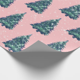 Modern Simple Snowy Green Christmas Trees Pink Wrapping Paper