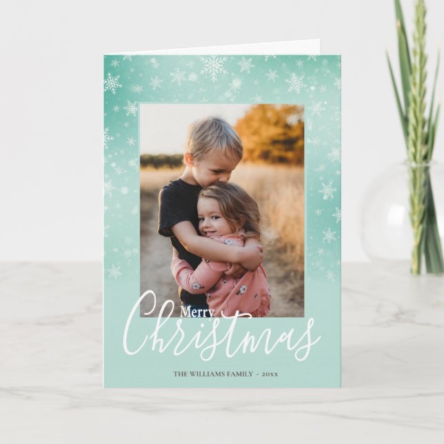 Modern Simple Snowy Green Merry Christmas Photo Holiday Card (Front)