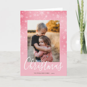 Modern Simple Snowy Pink Merry Christmas Photo Holiday Card