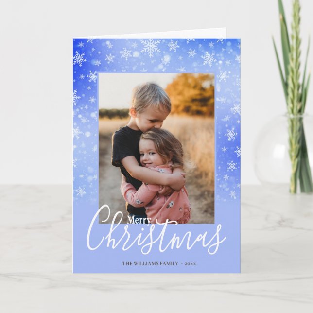 Modern Simple Snowy Purple Merry Christmas Photo Holiday Card (Front)