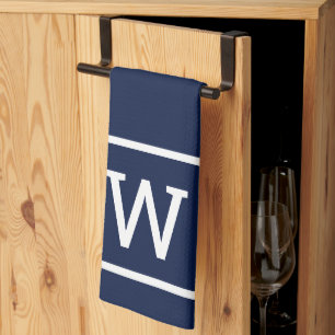 Modern Simple Square Border Monogram Navy Blue Tea Towel