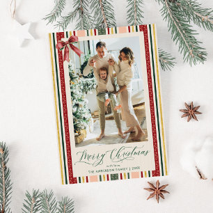 Modern Simple Stripes & Bow Merry Christmas Photo Holiday Card