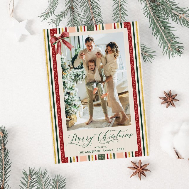 Modern Simple Stripes & Bow Merry Christmas Photo Holiday Card (Creator Uploaded)