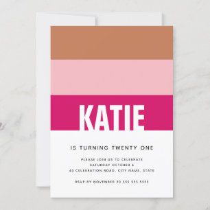 Modern Simple Stripes Pink Tan Photo 21st Birthday Invitation