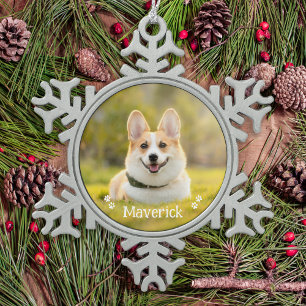 Modern Simple Stylish Personalised Pet Dog Photo Snowflake Pewter Christmas Ornament