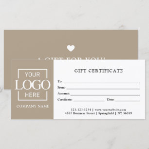 Modern Simple Taupe Business Logo Gift Certificate
