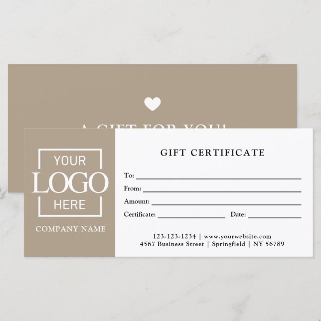 Modern Simple Taupe Business Logo Gift Certificate (Front/Back)