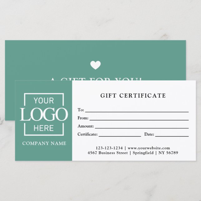 Modern Simple Teal Business Logo Gift Certificate (Front/Back)