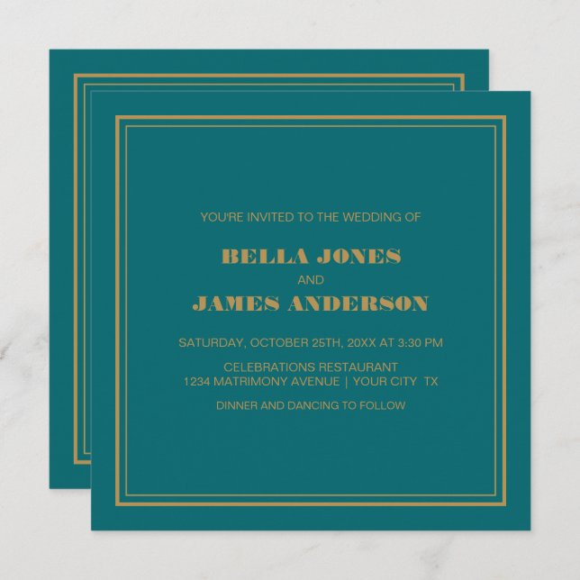 Modern Simple Teal Gold Wedding Invitation (Front/Back)