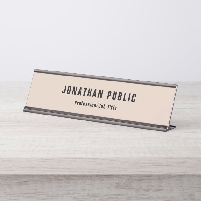 Modern Simple Template Elegant Beige Black Desk Name Plate (Front)