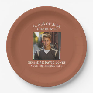 Modern Simple Terracotta Brown Photo Graduation Paper Plate