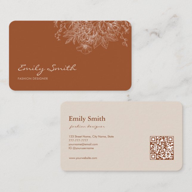 Modern Simple Terracotta Flower Line Art QRCode  Business Card (Front/Back)