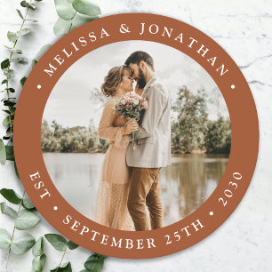 Modern Simple Terracotta Personalise Photo Wedding Round Paper Coaster