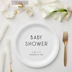 Modern Simple Text Black and White Baby Shower Paper Plate
