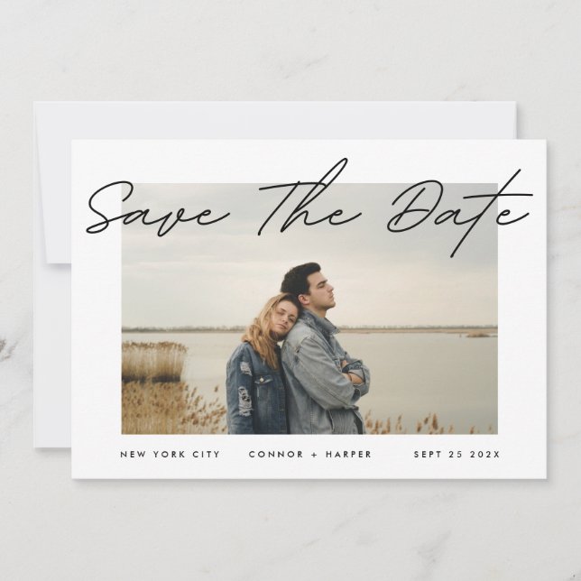 Modern Simple Text Border White Photo Black Onyx Save The Date (Front)
