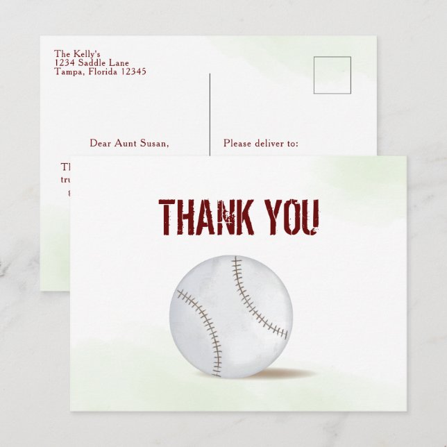 Modern Simple Thank You Watercolor Baseball Postcard (Front/Back)