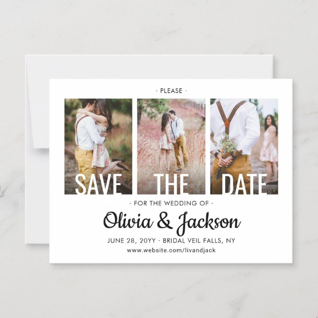 Modern Simple Three Photo Wedding Save the Date Magnetic Invitation (Front)