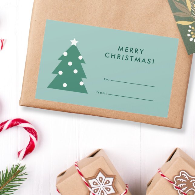 Modern Simple Tree Icon Merry Christmas  Rectangular Sticker (simple minimalist modern Christmas gift label with tree icon)