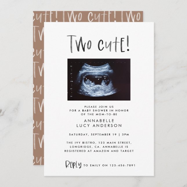 Modern simple twin photo tan brown two cute birth announcement (Front/Back)